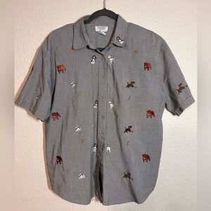 Embroidered Dog Button Up Short Sleeve Shirt